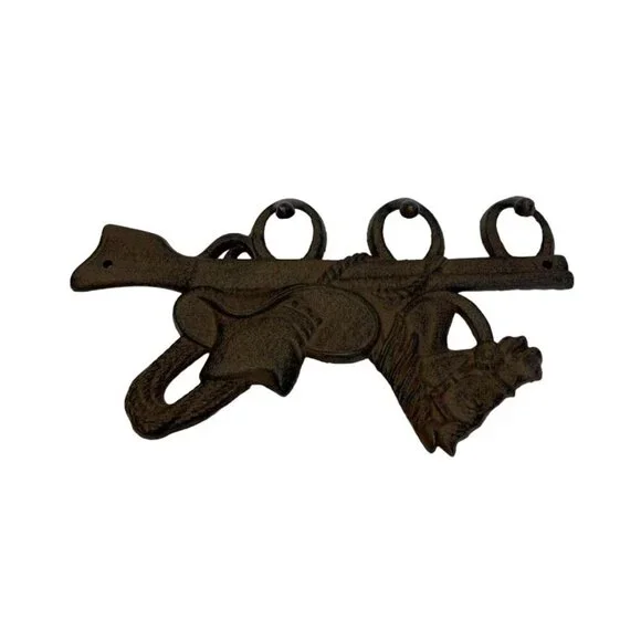 Cast Iron Western Horse Hat Wall Hanger 3 Hooks, Rustic Brown with Black Accents - Picture 2 of 4